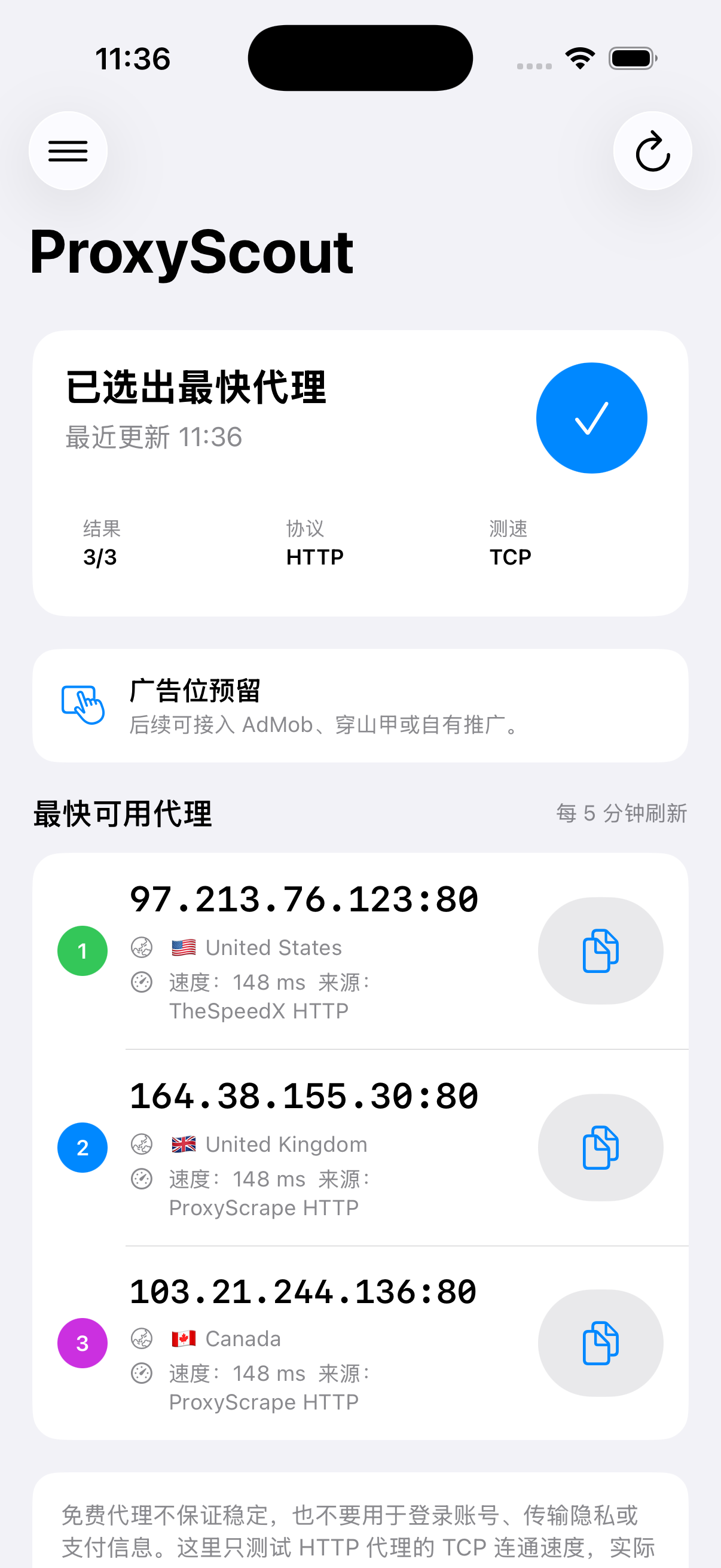 ProxyScout country and source details